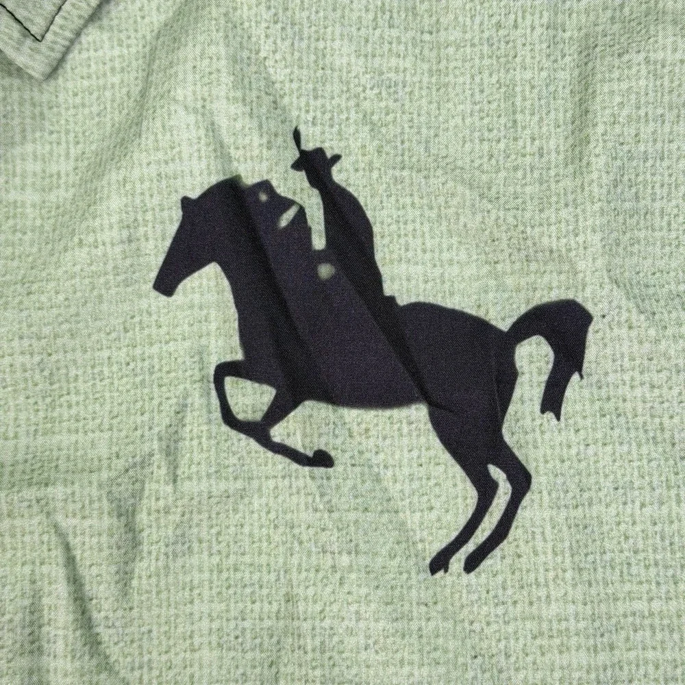 Fydude‎ Shirt Mens Medium Green Catch The Waves Hawaiian Button Horse Cowboy